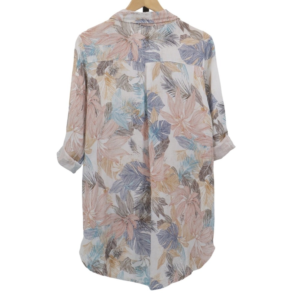 Rosemarine Linen Floral Shirt Dress Button Front Roll Tab Italy Size M - Picture 4 of 11